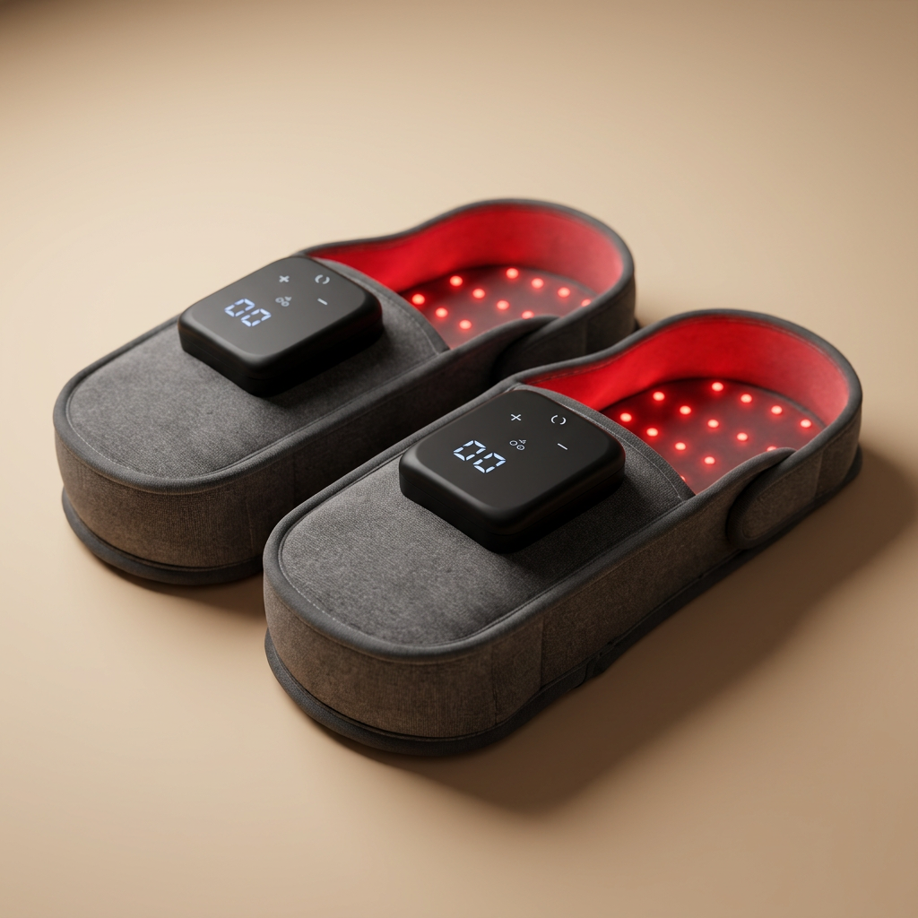 Grey red light therapy slippers with a digital temperature display and glowing LEDs inside the footbed