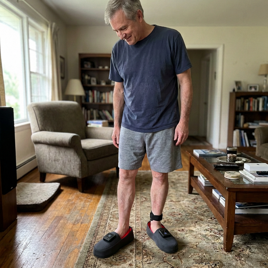 Middle-aged man standing at home wearing the red light slippers