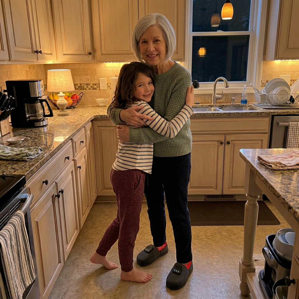 Grandmother hugging her grandchild while wearing the red light slippers