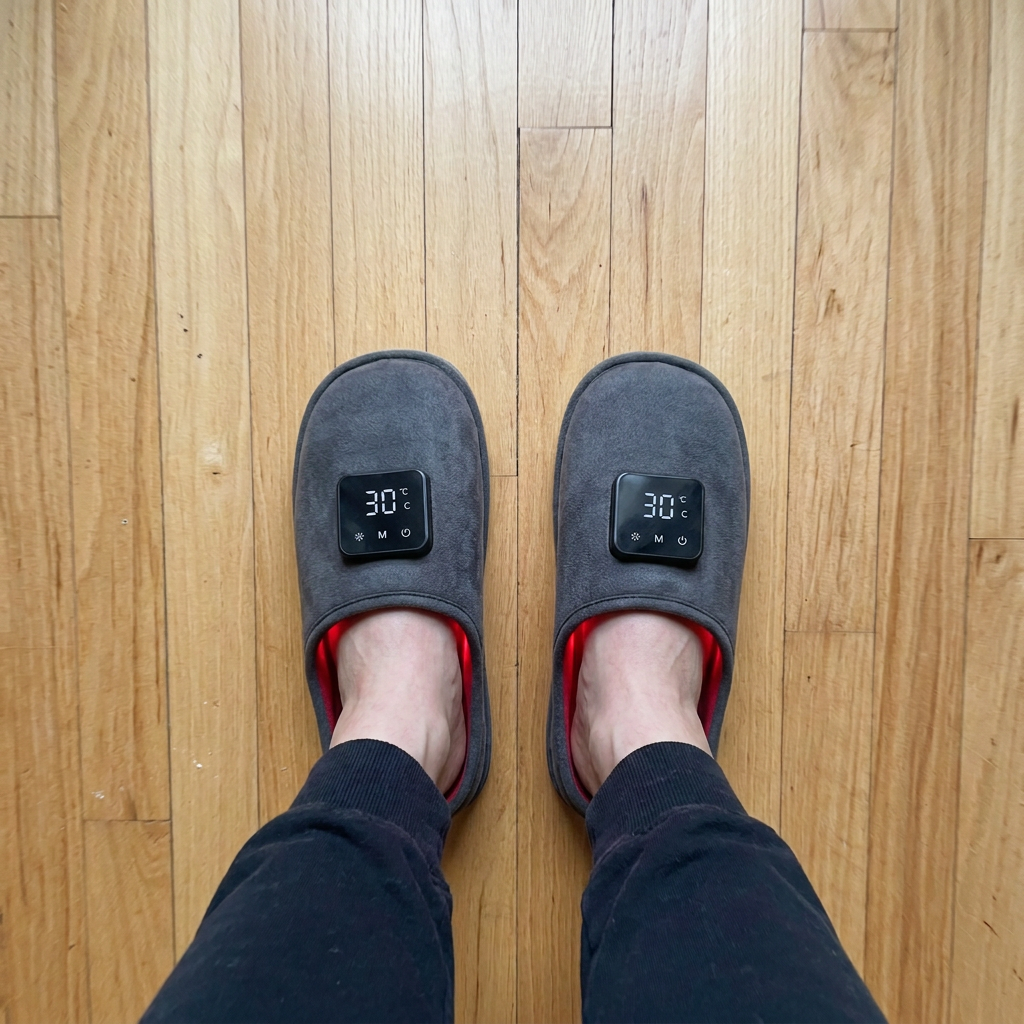 Looking down at the red light slippers while standing on a wood floor
