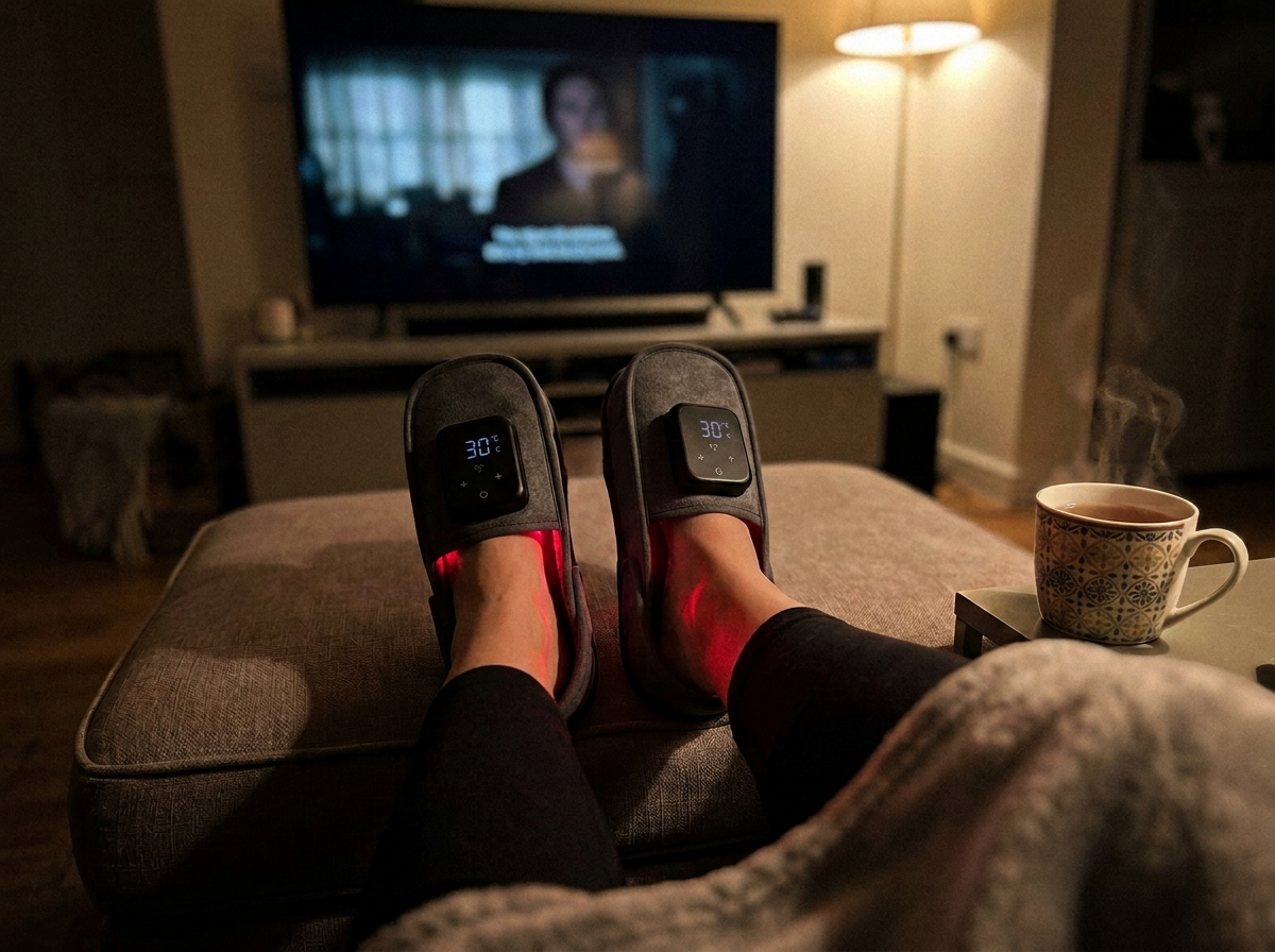 Feet resting on an ottoman in front of the TV wearing the red light slippers